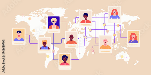 Global network of diverse people connecting through digital communication channels