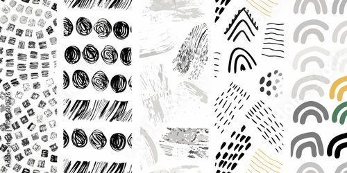 Abstract pattern of hand drawn lines shapes and textured brushstrokes
