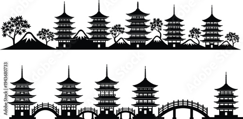 Traditional Japanese Architecture Silhouette Collection Featuring Pagodas Bridges and Mount Fuji for Asian Culture Travel Heritage Zen Garden and Oriental Landscape Graphic Design Projects