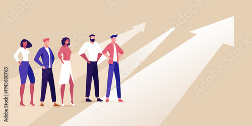 Diverse business team stands confidently toward an upward trending arrow