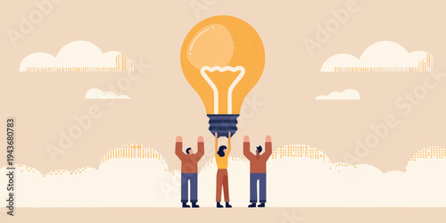 Teamwork lifting a glowing lightbulb representing innovation and ideas