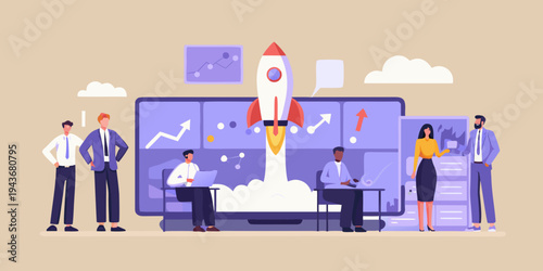 A rocket launching from a laptop screen surrounded by a business team