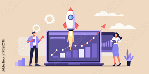 Startup success a rocket launching from a laptop screen with graphs