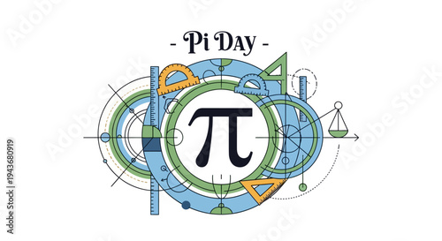 A colorful Pi Day illustration featuring the pi symbol surrounded by mathematical elements and geometric shapes on a white background with a mix of blue, green, and orange colors.