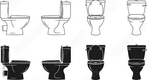 Collection of ceramic toilet icons in black silhouette and linear styles featuring side and front elevation views for bathroom design blueprints
