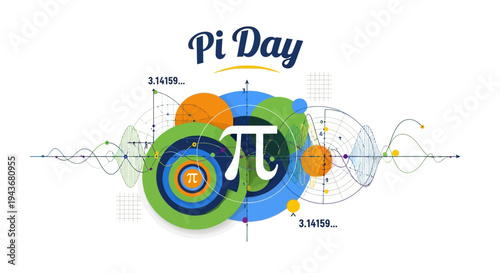 A colorful Pi Day illustration featuring mathematical symbols and equations on a white background with a mix of blue, green, orange, and yellow hues, conveying a mathematical concept.