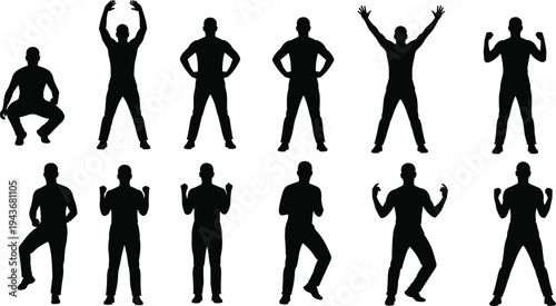 Comprehensive collection of black silhouettes featuring a man in various active poses including cheering squatting celebrating and gesturing isolated on white background