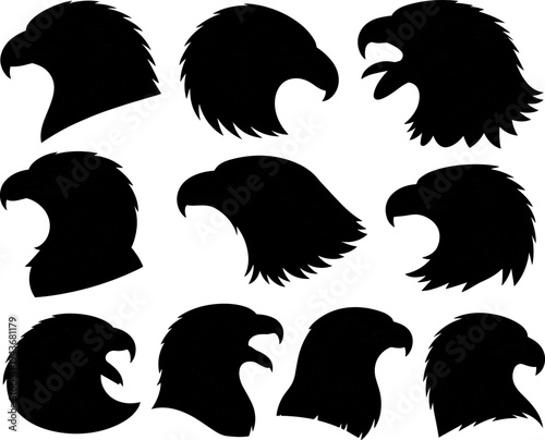 Set of eagle head silhouettes in various styles, powerful bird of prey vector collection, majestic raptor animal silhouettes isolated
