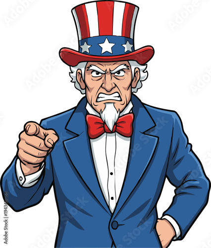 Uncle Sam Angry Cartoon Character Pointing Finger at Viewer with Stern Expression