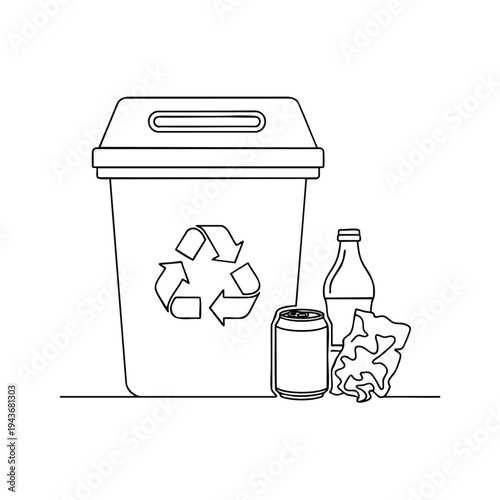 A line drawing of a lidded bin with a recycling symbol, can, bottle, and crumpled paper