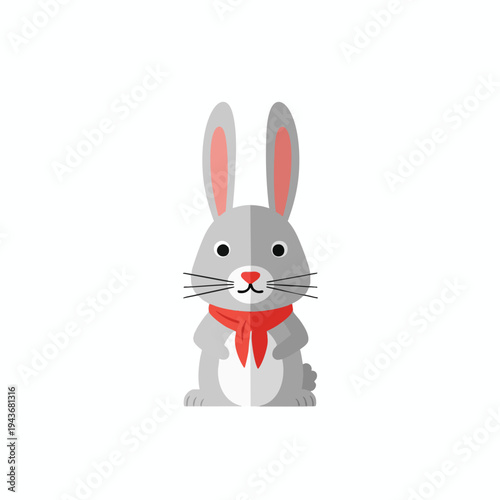 Cute cartoon rabbit with big ears and a red scarf stands on white