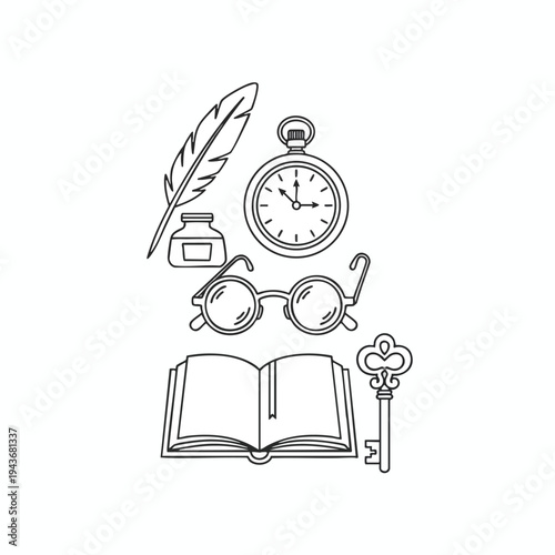 Sketch of antique writing tools, spectacles, pocket watch, book, and key