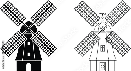 Traditional windmill silhouette and outline illustration set, vintage wind energy mill vector icons, classic rural windmill symbols isolated design