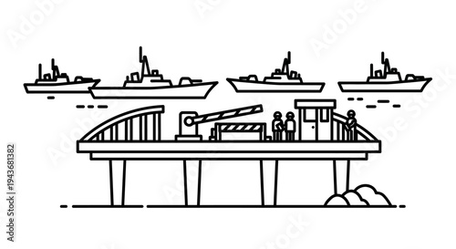 Naval fleet passes under a modern bridge with security checkpoint and guards