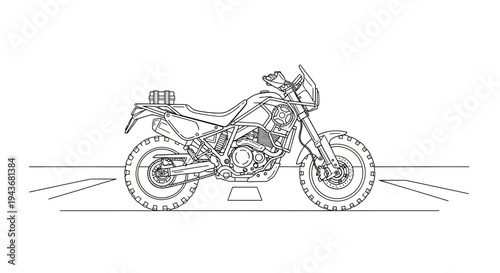 Motorcycle line drawing, adventure touring bike, off-road tires, white background