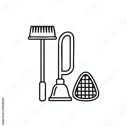 Three cleaning tools a brush, a plunger, and a strainer, on a white background