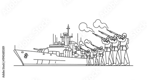 Naval Salute: Warship Fires Salvo with Military Honor Guard