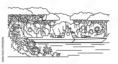 Naval warship sailing through a dense jungle river, military, exploration, adventure