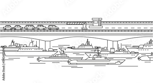 Naval Fleet Under Highway Overpass with Traffic