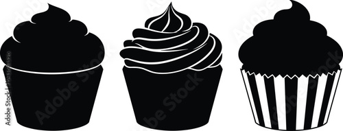 Set of three delicious cupcake silhouettes with swirling frosting and decorative liners isolated on a white background for bakery cafe design