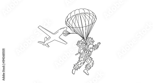 Paratrooper Jumps From Airplane with Parachute Open