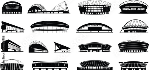Modern stadium architecture silhouettes set with sports arenas and large venue buildings isolated sports facility vector illustration collection