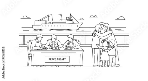 Peace Treaty Signed, Families Reunited on Ship Deck with Cargo Ship Background