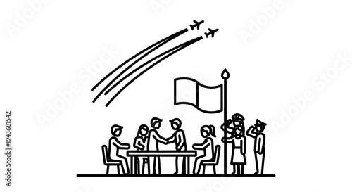 People Meeting Outdoors Under Airplanes Flying and Flag