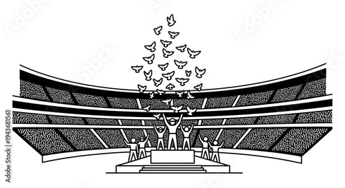 People releasing doves in stadium, symbolizing peace, hope, and unity
