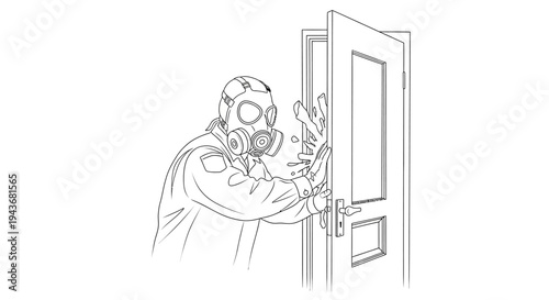 Person in gas mask opening door, danger, hazard, protection, quarantine, biohazard, contamination