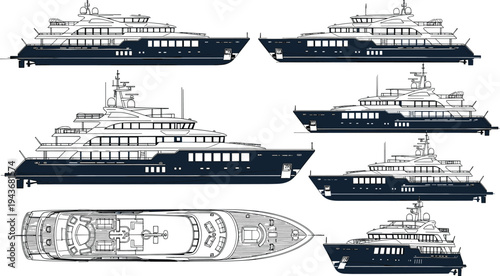 Technical line drawing collection of a luxury motor yacht featuring detailed blueprints with side and top deck views for naval architecture