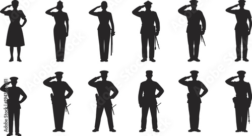 Police officer salute silhouettes collection including male and female law enforcement standing in respect pose isolated on white background