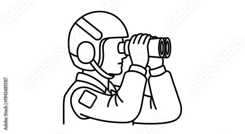 Pilot in helmet looking through binoculars, searching, surveillance, aviation, military, observation