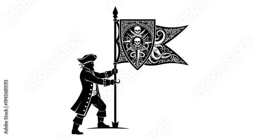 Pirate Captain Holding Jolly Roger Flag with Skull and Crossbones