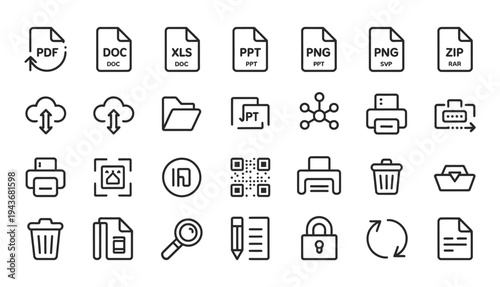 Collection of flat design icons for file types, cloud storage, and office tools