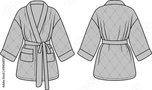 Quilted bathrobe technical fashion drawing with belt and pockets front and back view clothing design template vector illustration