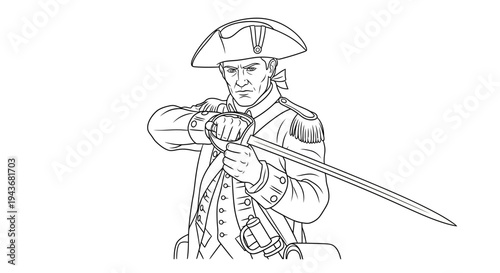 Revolutionary War Soldier Drawing with Sword, American Patriot Military Uniform