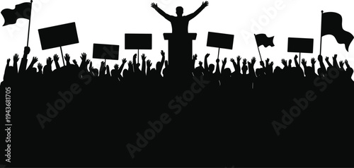 Political rally crowd silhouettes with leader giving speech on podium, people holding protest signs and flags, democracy demonstration concept