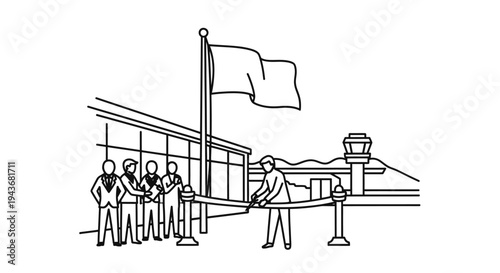 Ribbon Cutting Ceremony at New Airport Terminal Opening with Flag and Control Tower