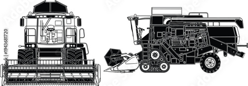 Technical line drawing of a modern combine harvester agricultural machine featuring detailed side and front views for farming engineering blueprints