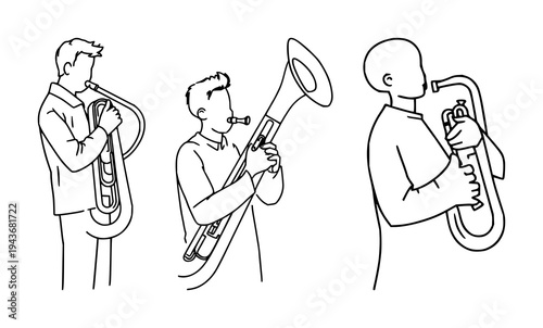 Tuba player set with continuous line drawing of a person playing a tuba featuring minimalist musical art, single black stroke, white background with line art and illustration