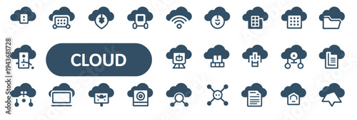 Cloud computing icons illustrating data storage, connectivity, and digital services.