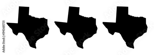 Texas state set with solid black flat vector silhouette on plain white background featuring high-contrast, clean edges, minimalist line art with map icon and logo design