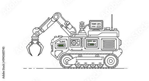 Robotic Arm Claw Machine on Tracks, Futuristic Industrial Robot with Digital Display