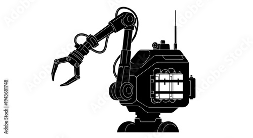 Robotic Arm with Gripper, Industrial Automation, Futuristic Technology, Black and White Silhouette