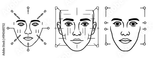 Facial recognition scan UI icon set with a high-tech style featuring biometric security, face scanning, cyber security with human identity and authentication