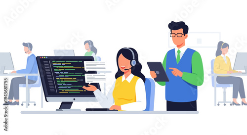 Two people working in a modern office environment.