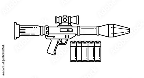Rocket Launcher and Ammunition Icon: Military Weapon and Power Source