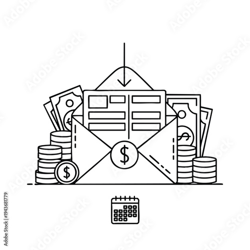 Open envelope with money, coins, and calendar icon, representing financial planning