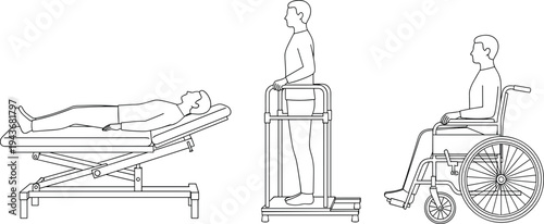 Technical line drawing of medical patient rehabilitation equipment including examination table, standing frame, and manual wheelchair with male figures